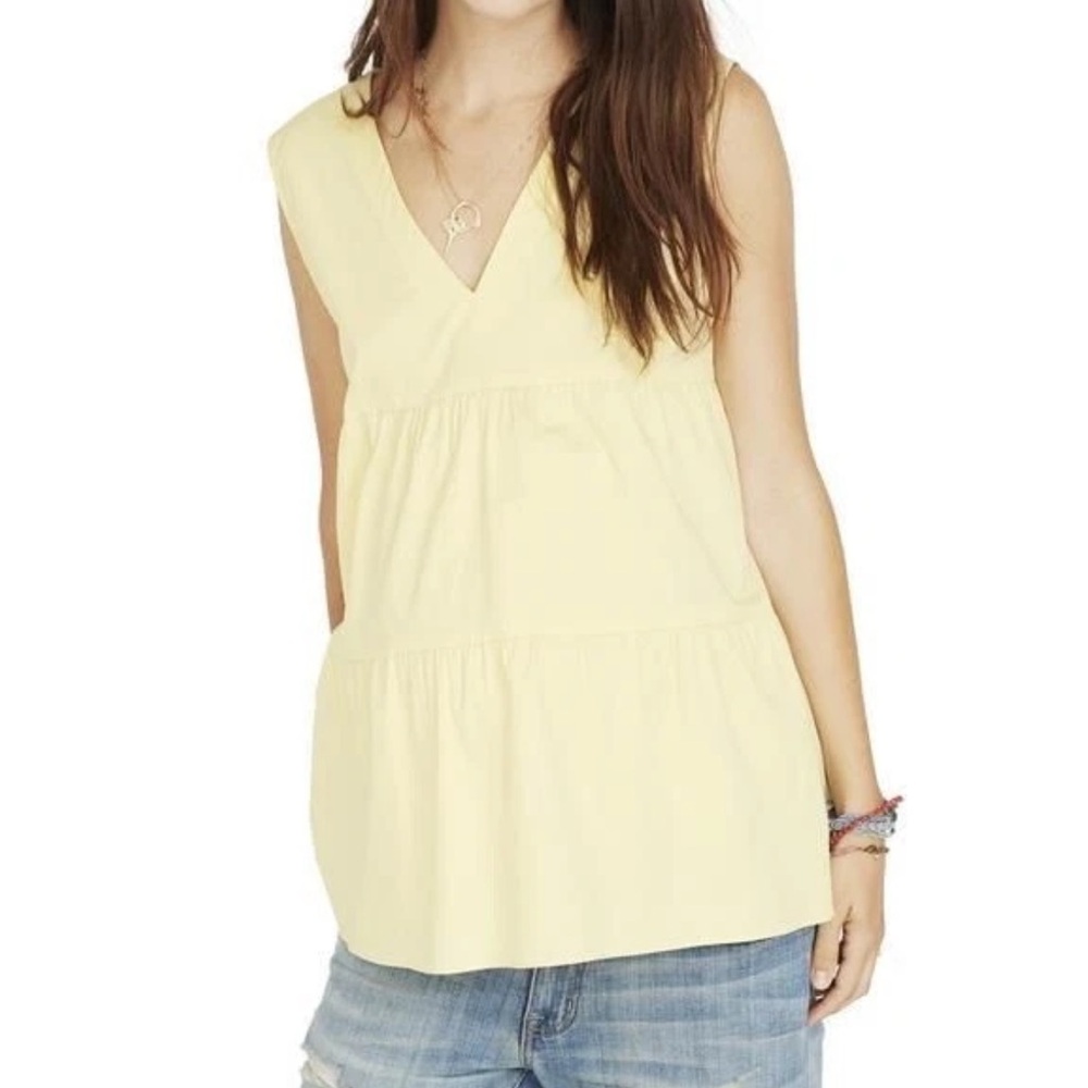 Hatch Evelyn Butter Yellow Sleeveless V-Neck Tiered Maternity 100% Cotton Top‎